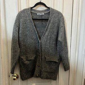 Zara Gray Fuzzy Cardigan Sweater V-Neck Knit